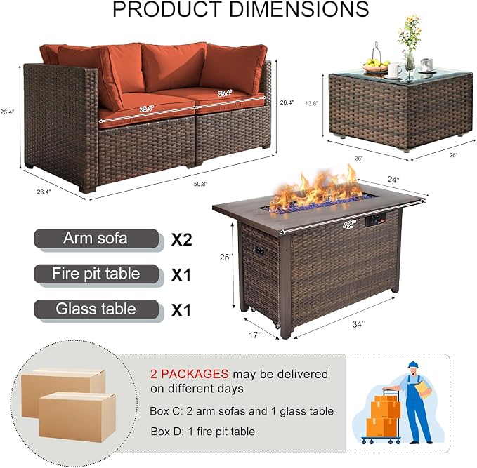 4 Pieces Patio Furniture Set with Fire Pit and Glass Table, Outdoor PE Rattan Sectional Sofa with Soft Cushions for Backyard, Porch, and Poolside (Red, 4 PCS w/Table/Firepit)