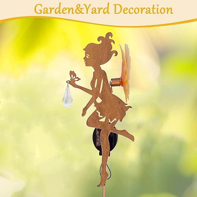Solar Garden Fairy Statue with LED Lights, Metal Yard Art Outdoor Figurine for Patio Path Yard Decor