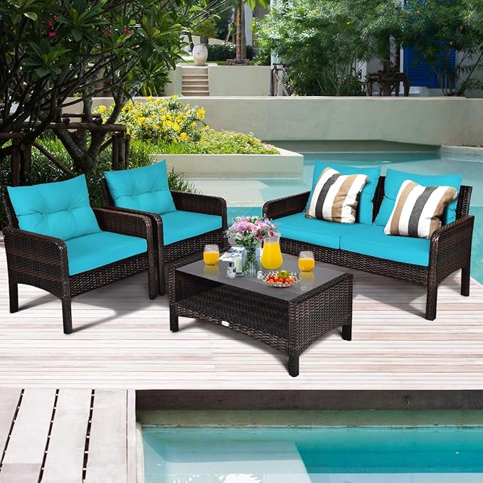Tangkula 4 Piece Patio Furniture Set, Outdoor Wicker Conversation Set with Glass Top Coffee Table, All Weather Proof and Thick Cushions, Suitable for Porch, Garden, Poolside and Lawn (Turquoise)