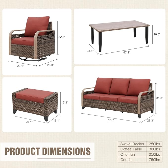 Modern Wicker Patio Furniture Set, Rattan Outdoor Conversation Set with Comfortable Cushions, 2 Swivel Rocking Chairs, 3 Seat Couch, 2 Ottomans and Coffee Table, 6 Pieces, Brown/Red