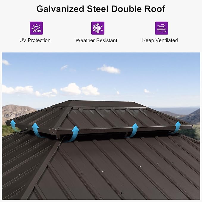 PURPLE LEAF 8’ X 12’ Outdoor Hardtop Gazebo Metal Frame Galvanized Steel Double Roof with Curtains and Nettings for Patio Desk Backyard Bronze
