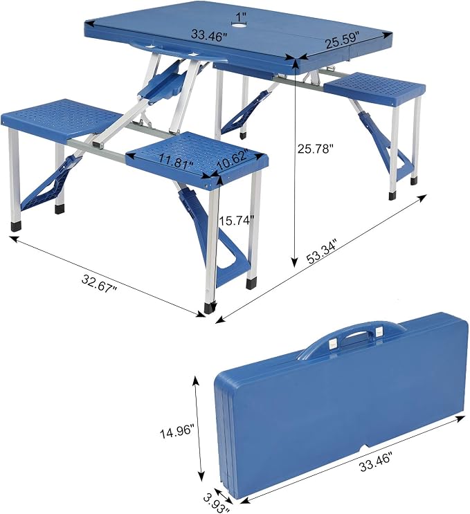 Picnic Table,Folding Picnic Table with Umbrella Hole, Aluminum Suitcase Portable Outdoor Table with Bench, Patio, Porch or Camping Table and Chair Set (Blue, Plastic PS Thickened)