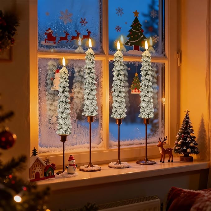 DRomance Christmas Tree Flameless Taper Candles with Remote Timer Battery Operated Flickering LED Candlesticks Real Wax Snowflake Glitters Holiday Indoor Decor(4 Pack, 0.78" D x 9.8" H)