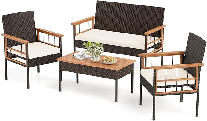 Tangkula 4 Pieces Wicker Patio Conversation Furniture Set, Outdoor Rattan Cushioned Armchairs & Coffee Table Set with Acacia Wood Tabletop for Backyard, Porch, Balcony (Off White)