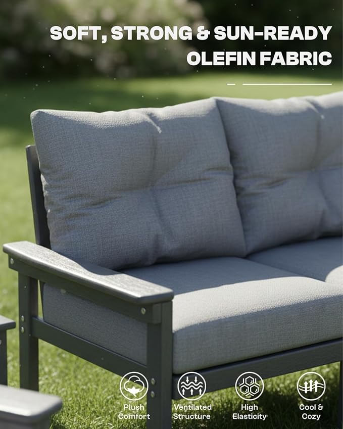 Grey HDPE Patio Sofa Set, 4-Piece Sectional Outdoor Patio Furniture Set, All Weather Outdoor Couch Set with Coffee Table & Washable Thick Cushions for Balcony, Porch, Poolside