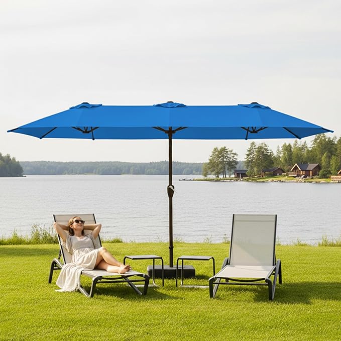 15FT Large Patio Umbrella with Base, Double Sided Rectangular Outdoor Umbrella with Sturdy Fiberglass Ribs, UPF 50+ Sun Protection, Wind-Resistant, Waterproof Fade-Resistant Fabric for Pool, Garden, Backyard, Deck(Royal Blue)