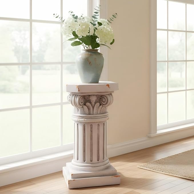 Merax 18.50" H Ionic Pedestal Plant Stand, MGO Decorative Pedestal Side Table for Indoor Outdoor Entryway Garden Home, Antique White, No Assembly Needed