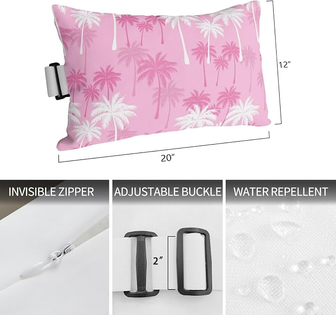 Tropical Palm Tree Outdoor Pillows for Chaise Lounge Chair Waterproof Lumbar Pillows with Insert&Adjustable Strap Beach Headrest Pillow Magenta Pink Plants Coastal Leaf Beach Pool Pillow 12"x20"