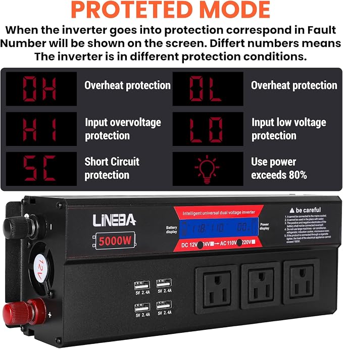5000 Watt Power Inverter with LED Display, 3 AC Outlets, 4 USB Port, 12V DC to 110V AC Converter Car Power Inverter for Car, RV, Truck, Off Grid Solar System, Camping