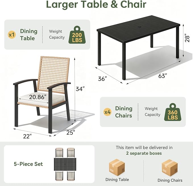 Aoxun 5-Piece Patio Table and Chairs Set for 4 with Umbrella Hole, Outdoor Dining Set with 6 Wicker Chairs and 1 Rectangular Metal Table, Patio Dining Sets with Soft Cushion for Backyard, Garden