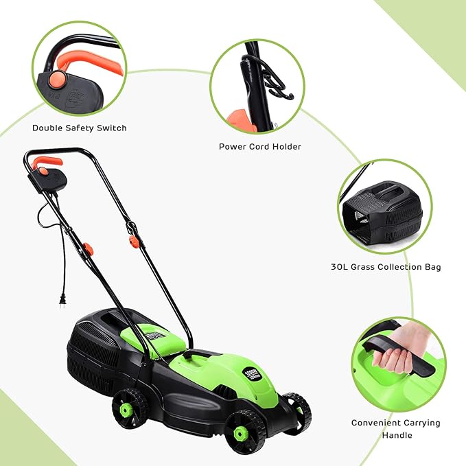 IRONMAX Electric Lawn Mower, 12.5 Amp 1200W Corded Push Mower with 3 Cutting Heights, 30L Grass Collection Bag, Folding Handle, 13" Walk-Behind Lawn Mowers for Yard Garden Farm (Green)