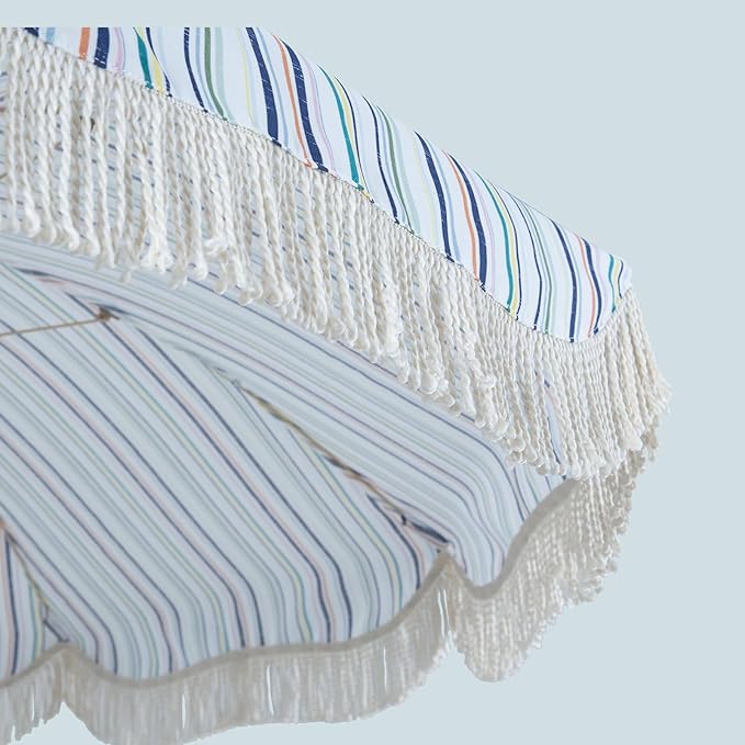 Tempera 7ft Boho Beach & Patio Umbrella with Fringe, Market Umbrellas with UPF 50+ UV & Water-Resistant Canopy, 1.5" Wood Pole & Button Tilt.
