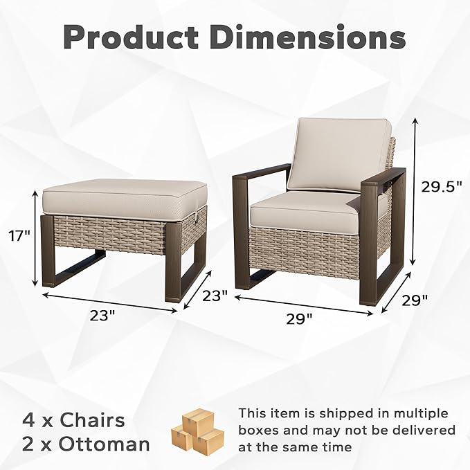 Joyside Outdoor Patio Chairs, 6 Pieces Wicker Rattan Furniture Set, 4 Patio Chairs and 2 Ottoman, Metal Wide Armrest, Thick Cushions and Deep Seating for Garden, Backyard, Porch, Deck