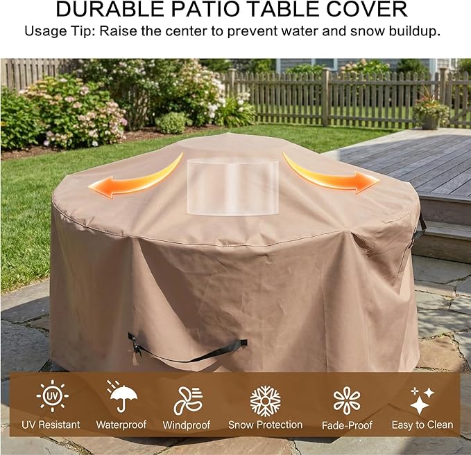 Haige Round Patio Furniture Cover 62" Dia x 34" H, Waterproof Outdoor Table and Chair Set Cover, 600D Heavy Duty Round Patio Table Cover, Windproof with Drawstring & Buckles, Brown