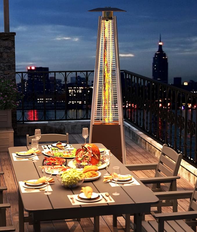 NAVINE 48,000 BTU Pyramid Patio Heater, Outdoor Propane Patio Heater with Detachable Wheels and Protective Cover, Triple Safety Protection Propane Heaters for Terrace, Garden, Hammered Bronze