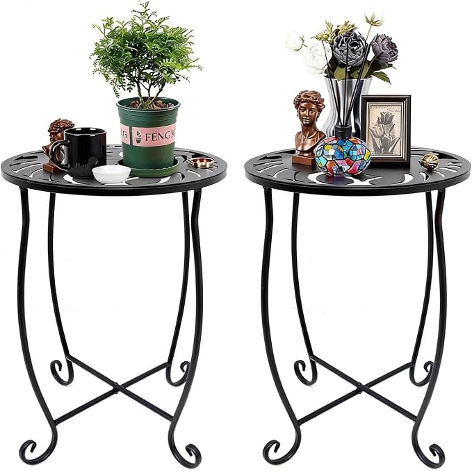 Outdoor Side Tables 2 Pack, 15" Height Tool-Free Metal Patio End Table with Monstera Pattern, Compact Space Saving Plant Stand for Balcony Porch Deck, Weather Resistant, Black
