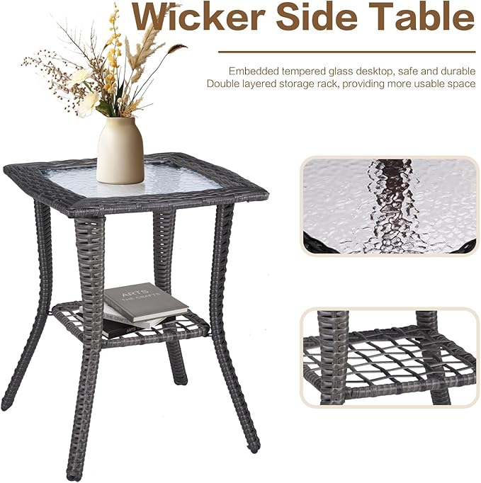 3 Pieces Patio Furniture Conversation Set PE Rattan Wicker Outdoor with 2 Armrest Chair and 1 Coffee Side Table, Soft Thick Washable Cushion for Yard Backyard Poolside Garden (Grey/Orange)