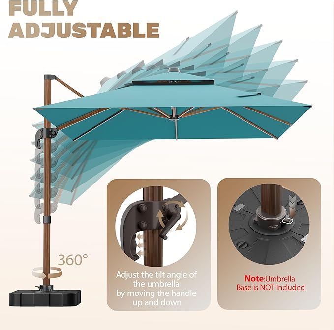 10x13FT Cantilever Outdoor Patio Umbrellas, Double Top Wood Pattern Rectangle Umbrella, Heavy Duty 360°Rotation Offset Umbrella for Garden Deck Pool Patio, Turquoise