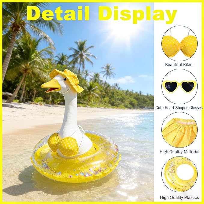 Bikini Porch Goose Outfits,Porch Goose Summer Outfits Swimsuit with Hat Sunglasses & Swim Ring,Fit 23'' Lawn Goose Statue for Summer Outdoor Garden Lawn Yard Decor(Swimsuit-Yellow)