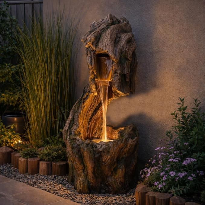 Teamson Home Forest-Inspired Cascade Water Fountain Outdoor Garden–LED Light with Built-in Electric Pump & Simple Setup, Gray