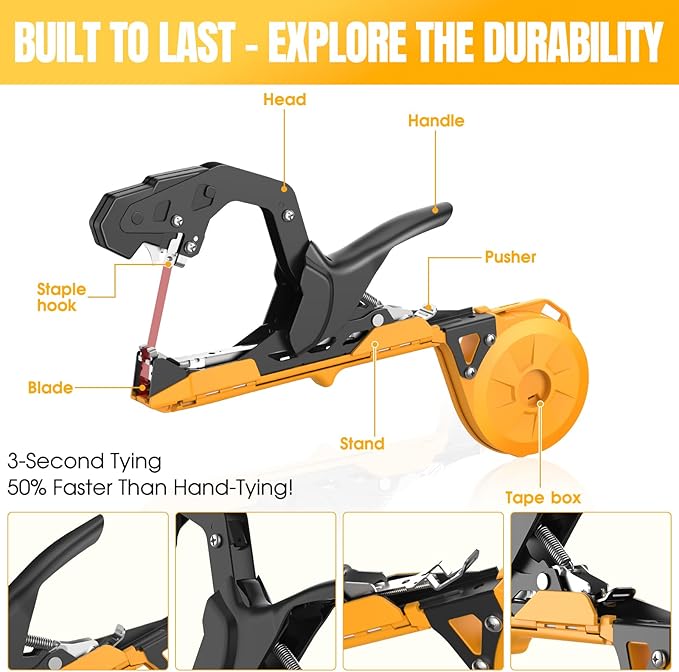 SWANSOFT Plant Tying Machine, Lightweight Plant Vine Tying Tape Machine Tool, Planting Tape Gun for Tomatoes, Grapes and Vegetable Garden, Come with 20000pcs Staples 20 Rolls (Yellow)