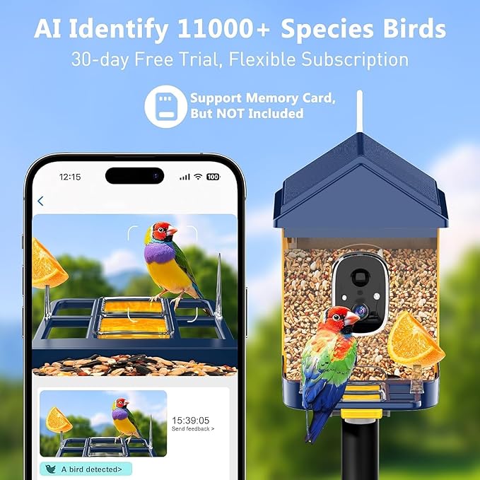 Smart AI Bird Feeder for Families - Attract Vibrant Cardinals! 2K Day/Night Camera, 10,000+ Species ID, Real-Time Alerts, Solar Powered & Weatherproof - Fun Bird Watching for Kids & Adults
