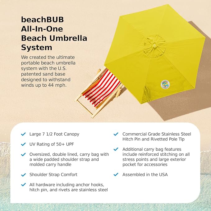 BEACHBUB ALL-IN-ONE BEACH UMBRELLA SYSTEM. Includes ULTRA Base (compliant with the ASTM F3681-24 Beach Umbrella Safety Standard). (Sun-kissed Yellow)