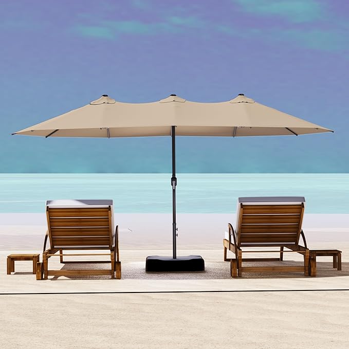 15ft Outdoor Patio Umbrella with Base Included, Double-sided Pool Umbrella with Crank Handle, Large Umbrella for Garden, Backyard (Tan)