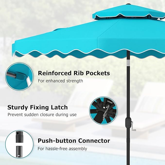 Happygrill 9 FT Patio Umbrella, Scalloped Outdoor Table Market Umbrella with Push Button Tilt & Crank, 2-Tier Vented Top, Heavy-Duty 8 Metal Ribs, Sun-Protective Canopy, Ruffle for Deck Pool Garden (Turquoise)