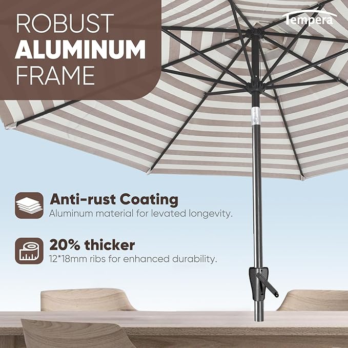 Tempera Patio Market Outdoor Table Umbrella with Push Button Tilt and Crank, Large Sun Umbrella with Sturdy Pole & Fade Resistant Canopy, Easy to Set