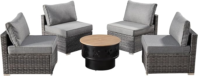 HOOOWOOO 5-Piece Outdoor Wicker Patio Furniture Set, All-Weather Rattan Chairs with Cushions and Fire Pit Table, Modern Garden Conversation Set for Patio, Porch, and Balcony (Dark Grey)