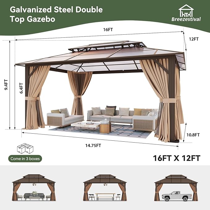 12’x16’ Hardtop Gazebo with Double Polycarbonate Roof Outdoor Metal Gazebo Sturdy Aluminum Frame & Removable Curtains, Netting Permanent Pavilion Pergola for Garden,Patio,Lawn(Brown)