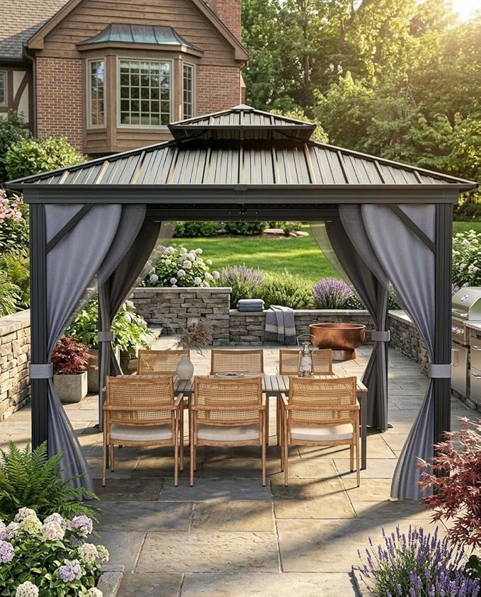 12x12 FT Hardtop Gazebo with Double Metal Roof, Aluminum Frame Permanent Pavilion with Curtains and Netting, Outdoor Gazebo for Patio Backyard Lawns