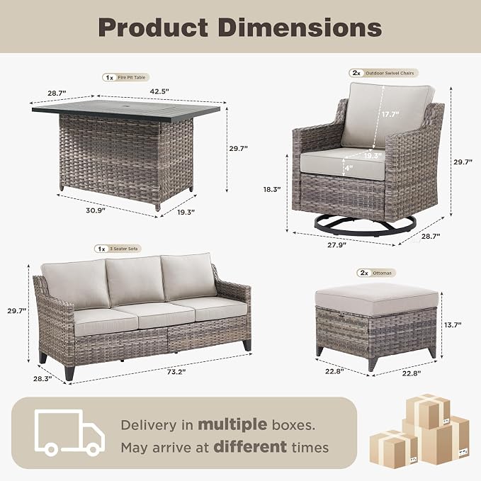 Belord Patio Wicker Swivel Rocker Patio Chairs with 3-Seater Sofa and 42.5" Fire Pit Table, Outdoor Furniture Set for Deck Porch Garden, 5 Piece Patio Conversation Furniture Set,Beige