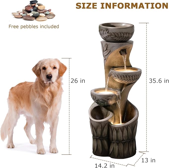 4 Tiered Water Fountain Outdoor, 35.6" Tall Cascading Bowl Leaf Carved Outdoor Waterfall Fountains Modern Water Feature with Dual Planters for Garden, Patio,Deck, Yard, Indoor Decor