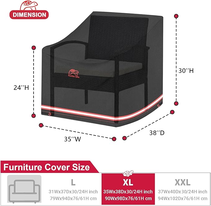 Turtle Life Patio Chair Cover, Heavy Duty Durable Waterproof Outdoor Lawn Armchair Deep Single Sofa Cover, Anti-Fading Cover for Chair, Black, 35" W x 38" D x 30" H