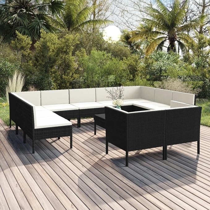 Patio Lounge Set with Cushions,Patio Furniture Sets,Patio Conversation Sets,Outdoor Furniture Sets,for Garden,Backyard,Outdoor,12 Piece Poly Rattan Black