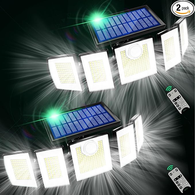 Solar Lights Outdoor Waterproof Motion Sensor - 416 LEDs 3000 Lumens Super Bright 3 Brightness 3 Modes 2400mAh 360° Illumination 32ft Solar Flood Security Light for Outside (‎With Remote Control, 2)