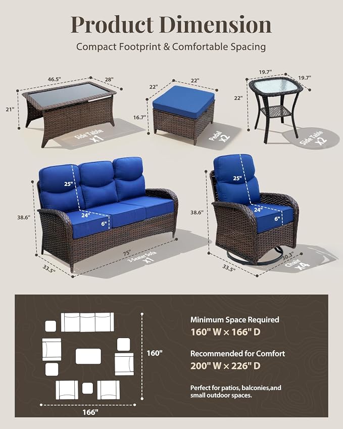 Patio Furniture Set with Luxury 6" Cushions, 10 Pieces Swivel Rocking Patio High Back Chairs, Couch and Ottoman, Outdoor Wicker Conversation Set for Deck, Porch, Backyard, Poolside, Blue