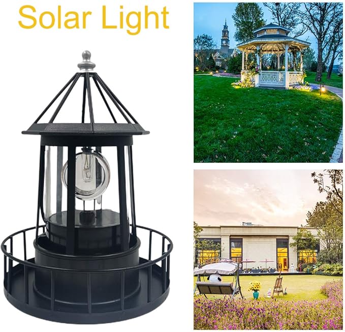 CALIDAKA LED Solar Powered Lighthouse, 360 Degree Rotating Lamp Waterproof Statue Solar LED Lighthouse for Lawn Patio Pond Yard Outdoor Decor (Red)