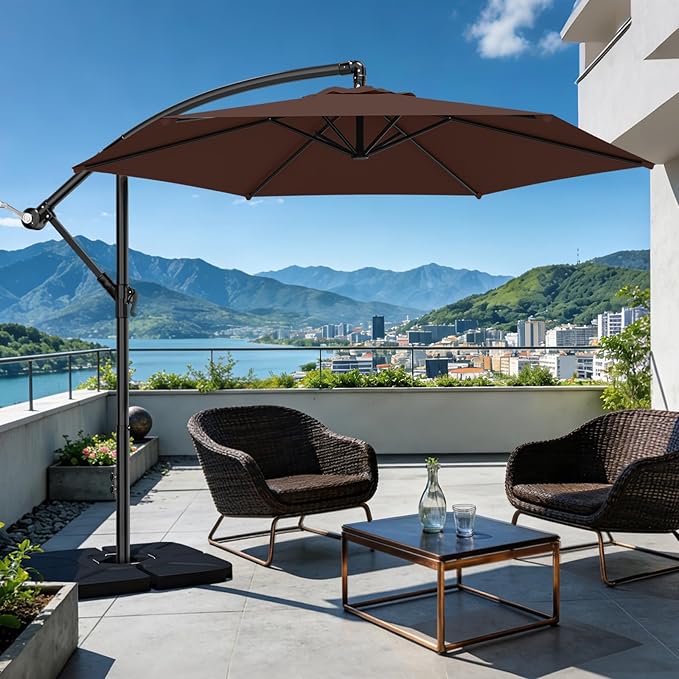 AreShark 10FT Patio Outdoor Umbrella, Offset Patio Umbrella Cantilever Umbrella, 6 Sturdy Ribs, Easy Adjustment for Garden Market Pool with Cross Base (Brown)