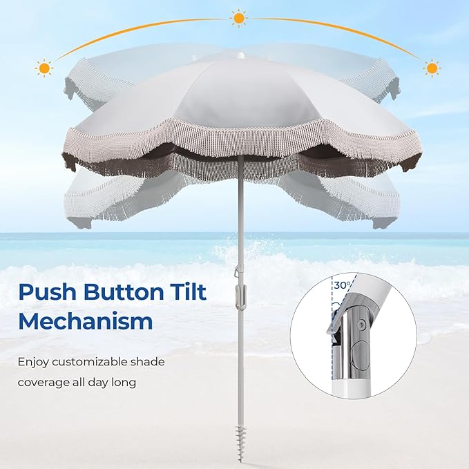Tangkula 6.5FT Beach Umbrella with Fringe, UPF50+ Outdoor Boho Umbrella with Tassels, Push Button Tilt, Sand Anchor, 8 Ribs, Vintage Patio Umbrella with Carry Bag for Sand Deck Pool Garden Backyard
