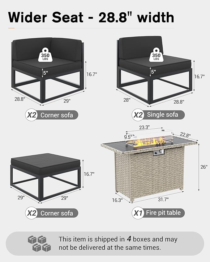 UDPATIO Aluminum Patio Furniture Set with Fire Pit Table, Modular Oversized Outdoor Sectional of Olefin 5 inch Cushion, Coffee Table and Waterproof Cover, Patio Conversation Sets for Porch, Deck