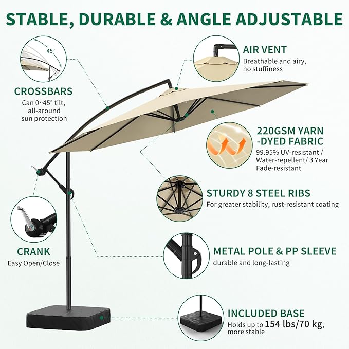 10FT Patio Umbrella with Base, Outdoor Umbrella Pool Umbrella Cantilever Umbrells - UV Protection, Easy Tilt & 360° Rotation for Poolside, Backyard & Garden