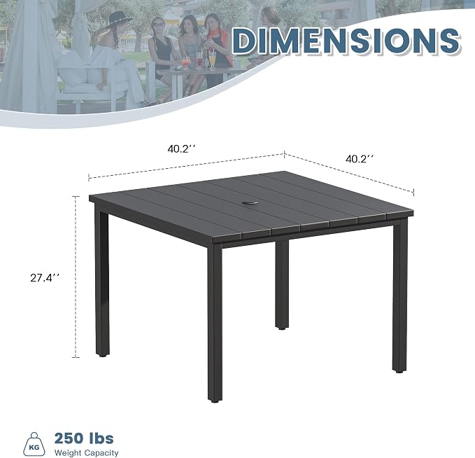 DIFY 40.2" Square Outdoor Dining Table for 4, Slatted Metal Patio Table with Adjustable Umbrella Hole, All-Weather Patio Dining Table for Garden Backyard Deck, Black Tabletop