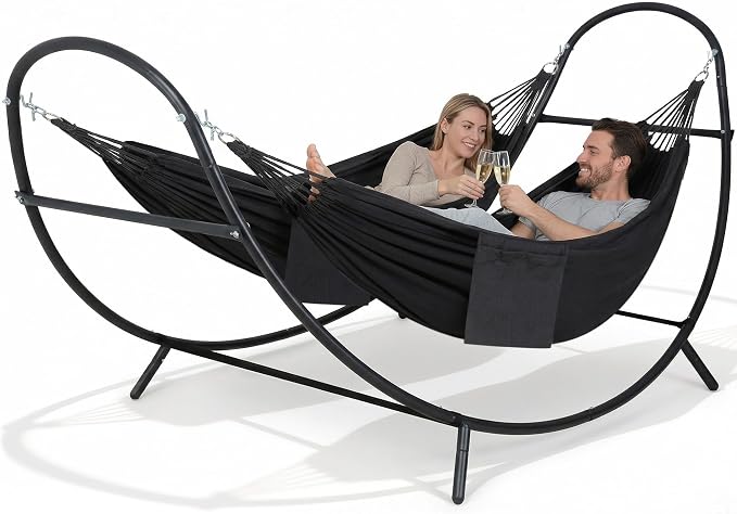 SUNCREAT Hammocks 2 Person Standing Patio Hammock, Portable Hammock with Stand Foldable, Patent Pending, Dark Gray