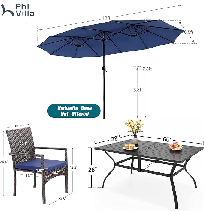 PHI VILLA 7-Piece Patio Set with 13ft Blue Umbrella, 6 Rattan Chairs | 60" rectangular metal table, 6 cushioned rattan wicker chairs, and 13ft blue umbrella. Ideal for patio, deck, yard, or porch