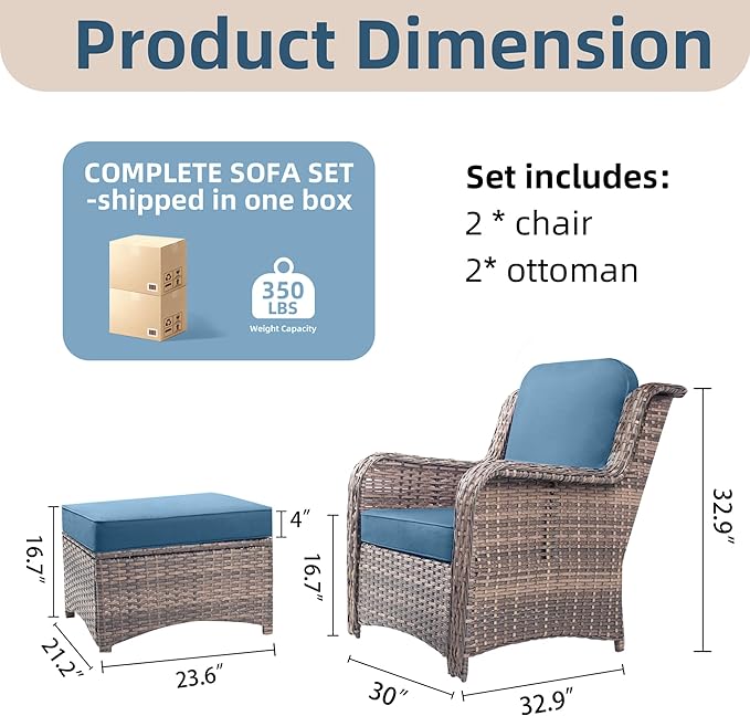 4 Pieces Patio Furniture Sets - High Back Outdoor Chairs with Ottomans, All Weather Wicker Furniture Seating Set with Thick Cushion for Porch Balcony Deck Yard, Peacock Blue