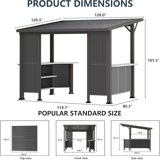 10' x 10' Hardtop Grill Gazebo,Outdoor Galvanized Steel BBQ Lean to Gazebo with 2 Side Shelves,Permanent Hardtop Grill Canopy with Independent Countertop for Patio Backyard Lawn Garden
