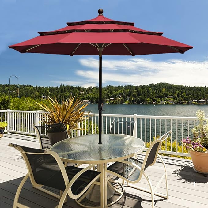 EliteShade USA 10-Year-Non-Fading 9ft 3-Tier Market Patio Umbrella, Commercial Grade Outdoor Table Umbrella with Crank Open, Windproof & UPF 50+ UV Protection, Heavy Duty Ventilation for Garden, Deck, Pool, Backyard, Beach & Bistro, Burgundy